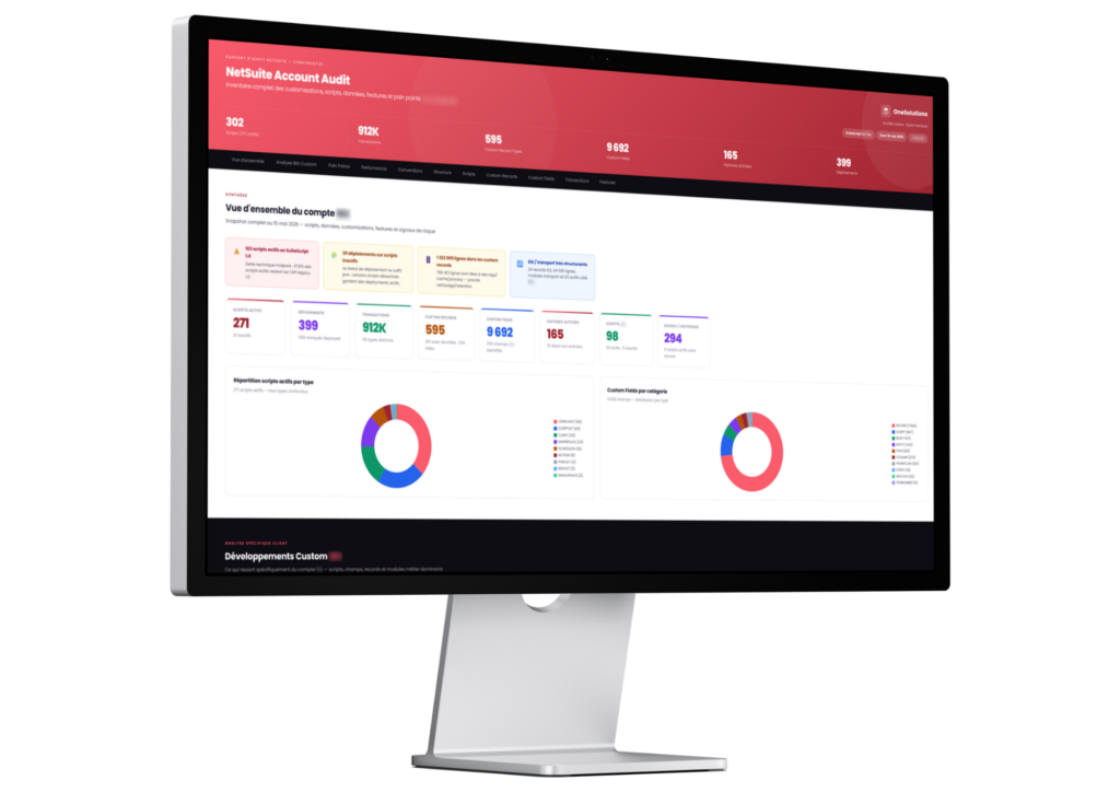 NetSuite audit dashboard displaying performance metrics, customizations, and optimization insights