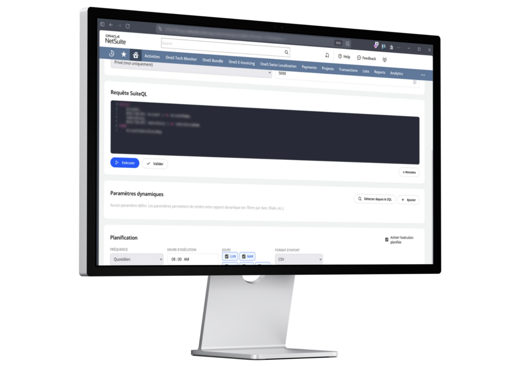 One sOneInsight dans NetSuite montrant l'automatisation des rapports et tableaux de bord KPI Netsuite Monitoring