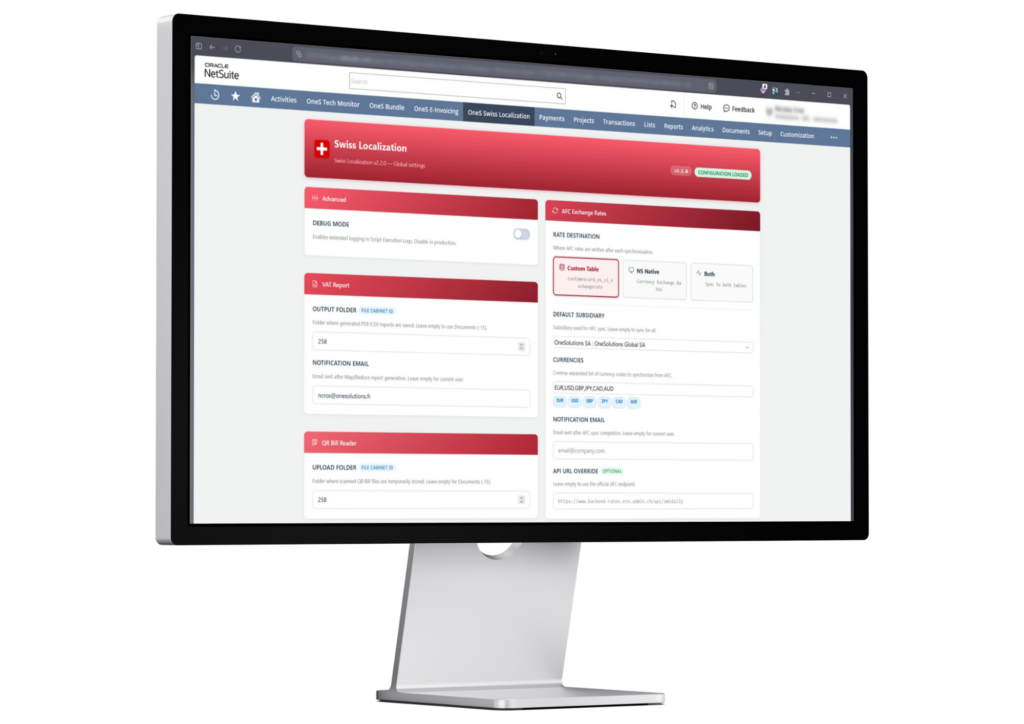 OneSwissHub dashboard for Swiss localization in Oracle NetSuite