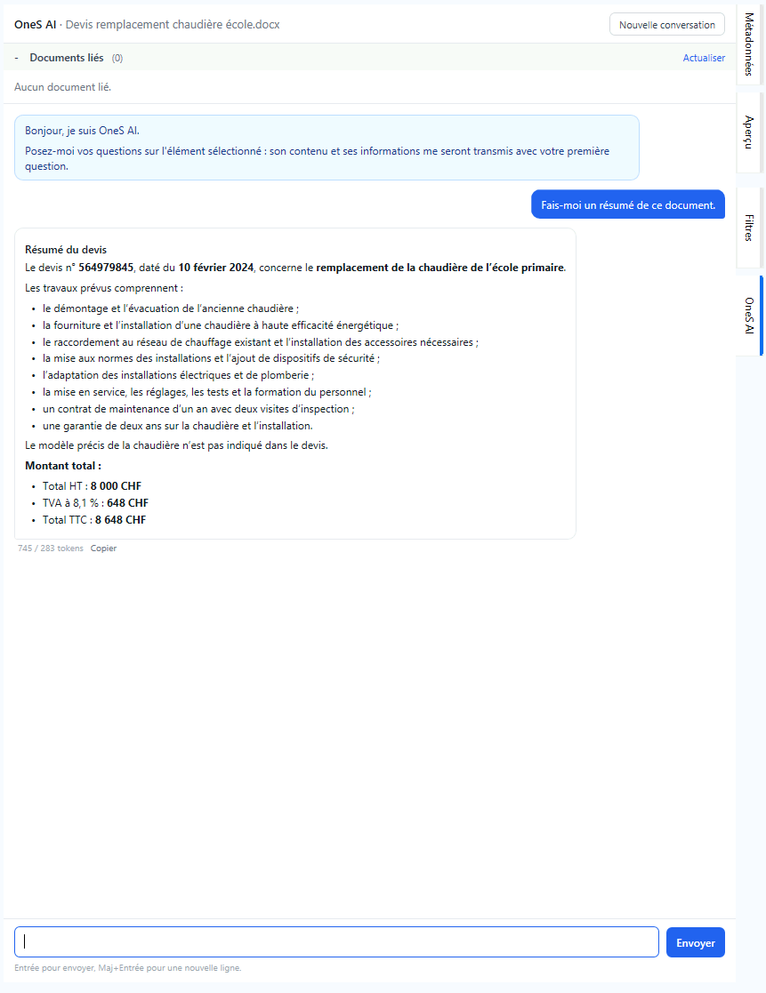 Exemple de OneS AI par OneSolutions interrogeant des documents M-Files